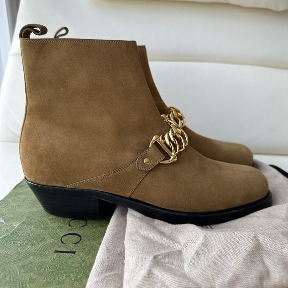 NEW GUCCI Tan Suede Chain-Link Ankle Boots Shoes Size 40 Cowboy Brown - Picture 4 of 10